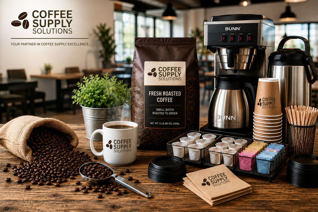 Coffee Supplies Direct featuring fresh roasted coffee, commercial coffee brewer, cups, creamers, filters, and breakroom essentials from Coffee Supply Solutions.
