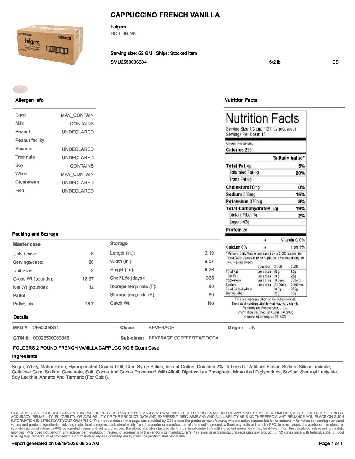 Folgers French Vanilla Cappuccino nutrition facts and product information